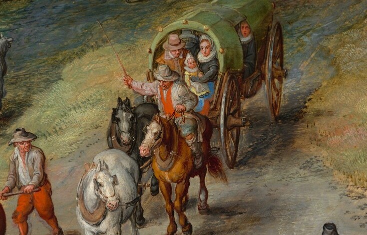 Travelers brave the path, some on horseback, some by cart.