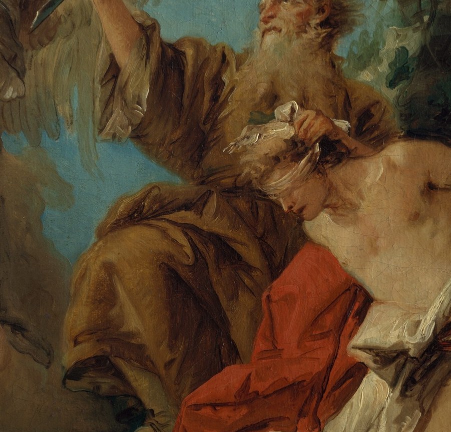 Tiepolo's theatrical staging device , saturated red creates urgency and echoes the blood that will not be spilled; loose wet brushwork is a showcase of Rococo painterly freedom