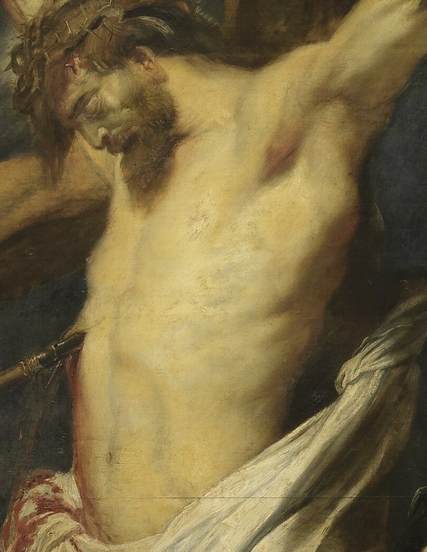 Christ's face shows suffering and resignation.