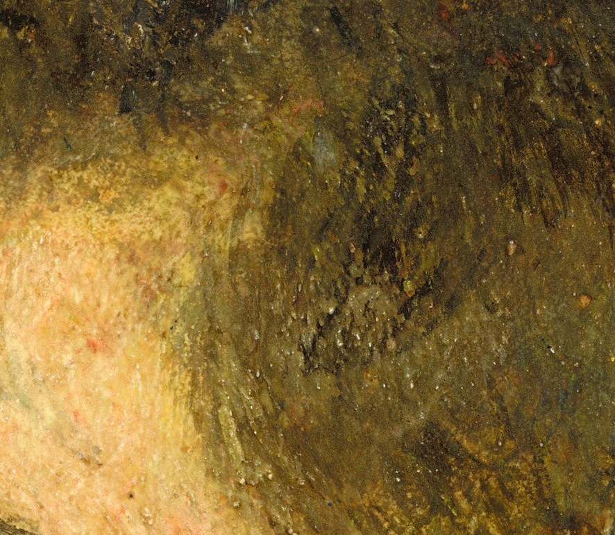 The single visible eye carries the whole emotional weight; Renoir gives it a melancholy downward cast that contradicts the otherwise self-assured jaw and posture.