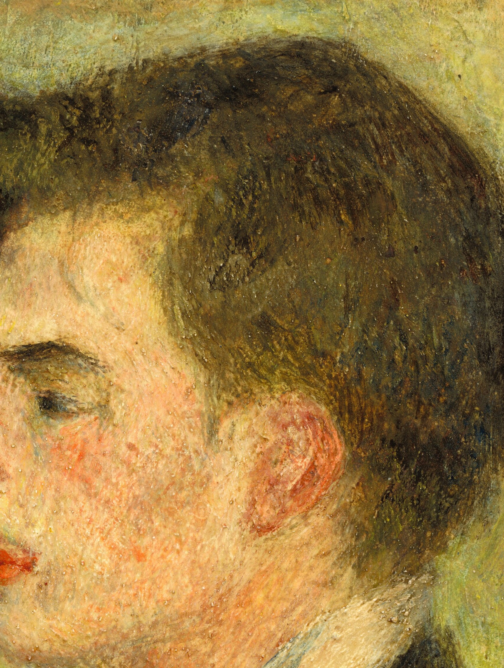 The anchor of the entire portrait , sharp, nearly stern profile reveals Renoir's ability to capture psychological presence in a three-quarter-to-profile pose, unusual for an intimate friendship portrait.
