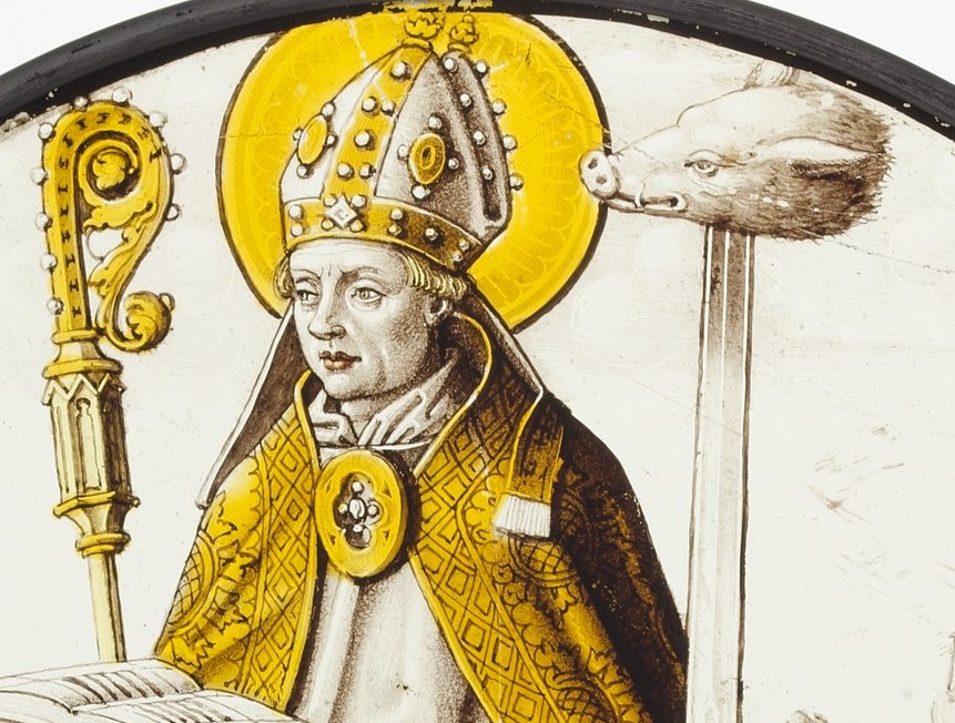 The halo and frontal gaze mark divinity and episcopal authority simultaneously , the gold leaf (or yellow-stain glass technique) creates a literal glow that draws the eye first.