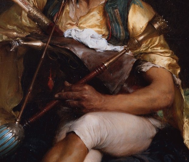 He holds a long pipe, inviting contemplation or leisure.