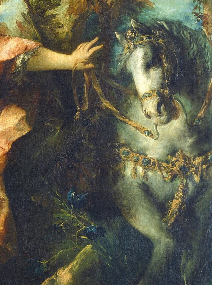 The horse, with its luminous coat, appears almost ethereal, hinting at a spiritual or allegorical dimension.