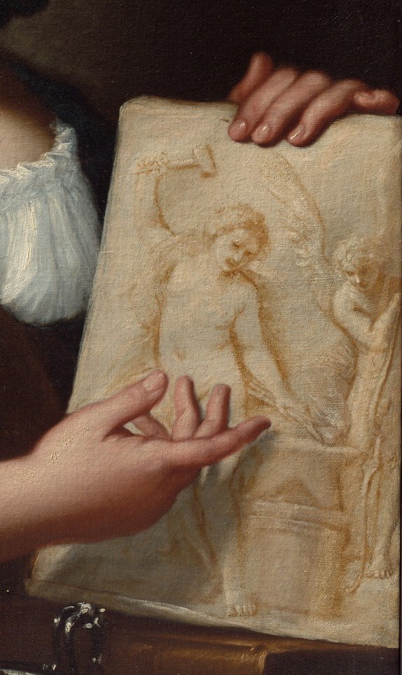 She holds a drawing of classical figures.