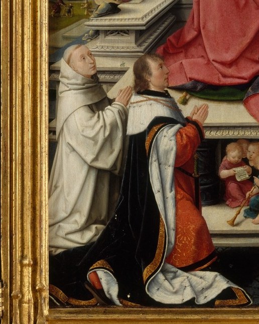 Surrounding her are figures of reverence, including monks.