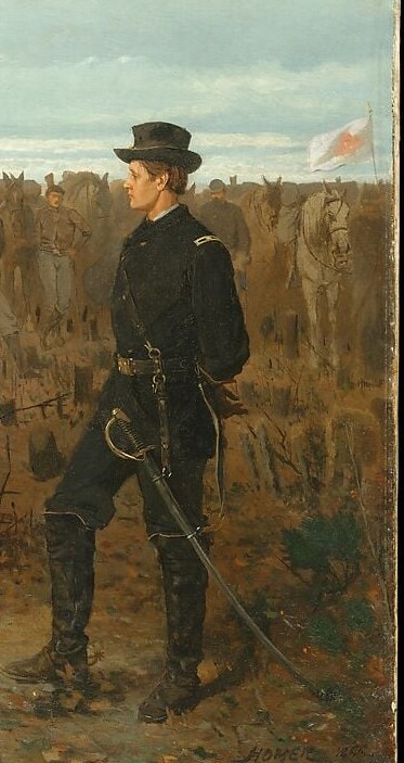 Compositionally isolated from the prisoners, his erect bearing and dark uniform project cold authority , Homer made him the painting's anchor without any trophy gesture