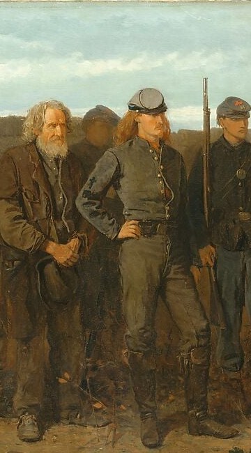 The moral and compositional center , a defeated man who refuses to look it, generating the entire scene's tension and the painting's central question about what victory costs