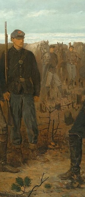His rifle and body form a physical barrier in the composition, marking the line between captive and captor without melodrama or cruelty
