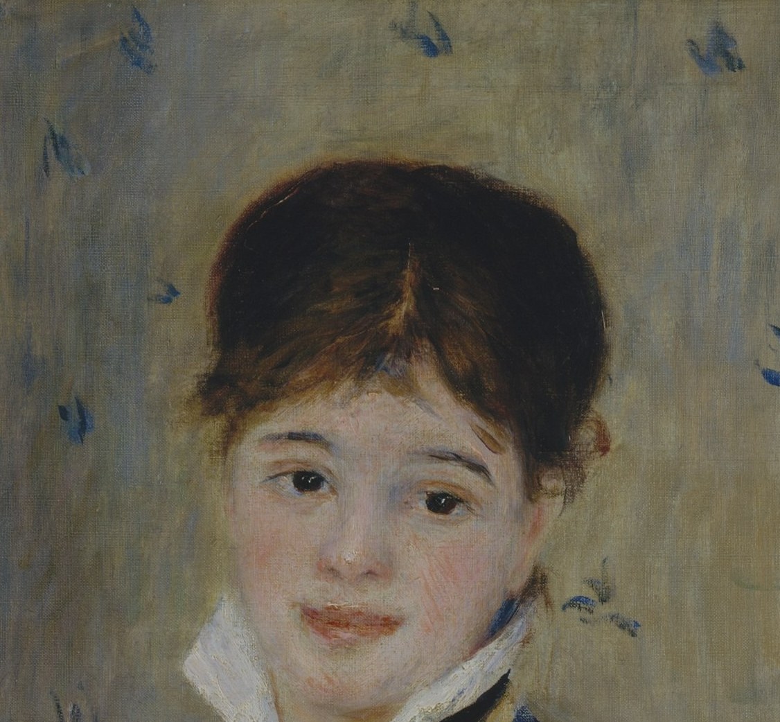 Renoir's signature unidealized freshness , slightly parted lips and a matter-of-fact gaze give her dignity without sentimentality, the core emotional anchor of the painting.