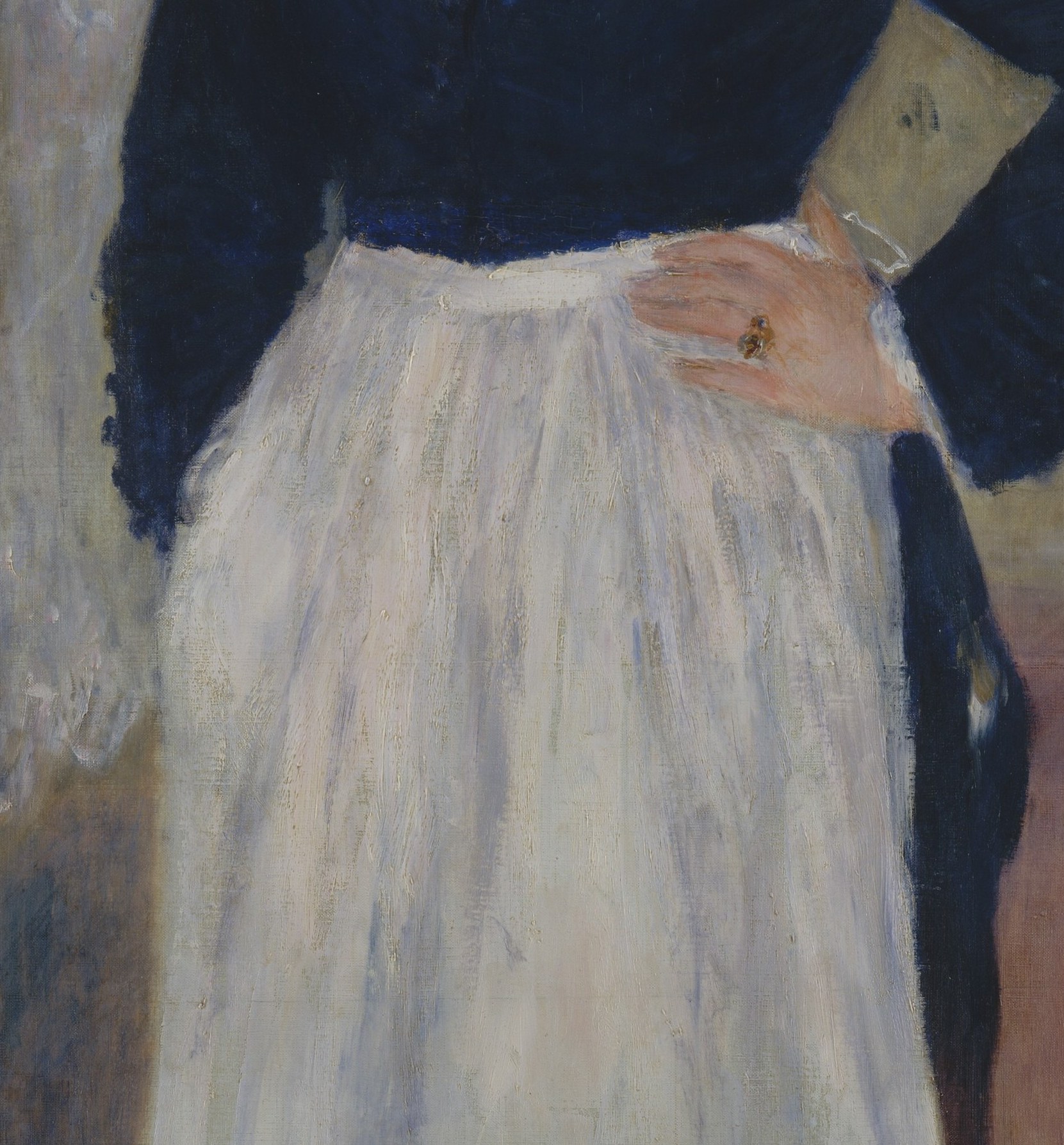 The apron fills the lower third of the canvas with loose, dragged strokes of lead white , a virtuoso demonstration of how Renoir builds luminosity from impasto.