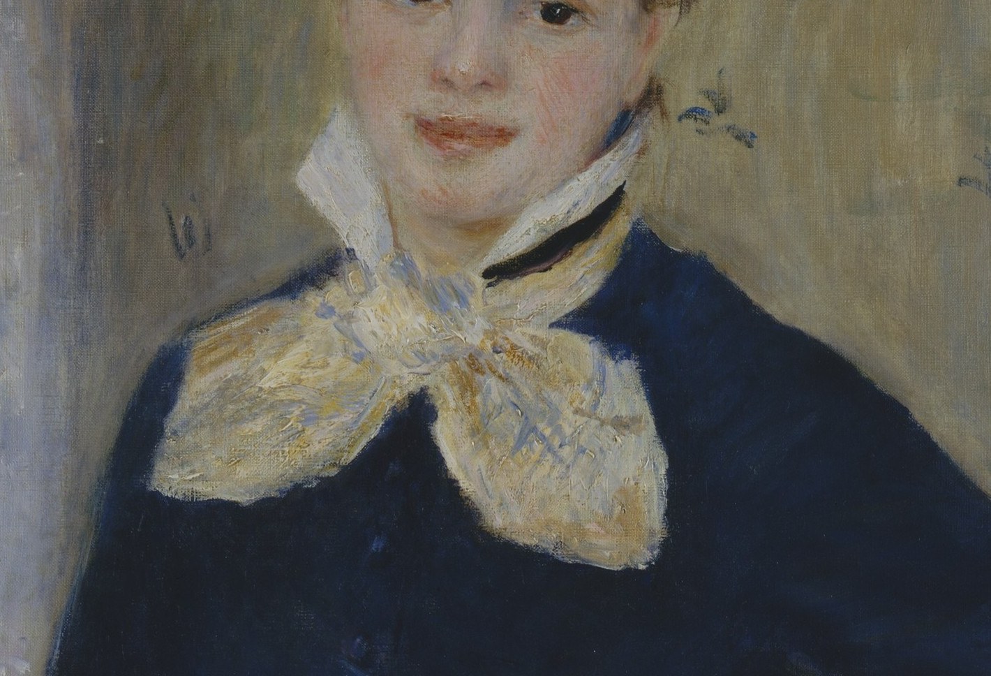 The neckerchief matches descriptions of Duval restaurant uniforms 'like sisters of charity'; it is also Renoir's brightest light and the compositional fulcrum of the canvas.