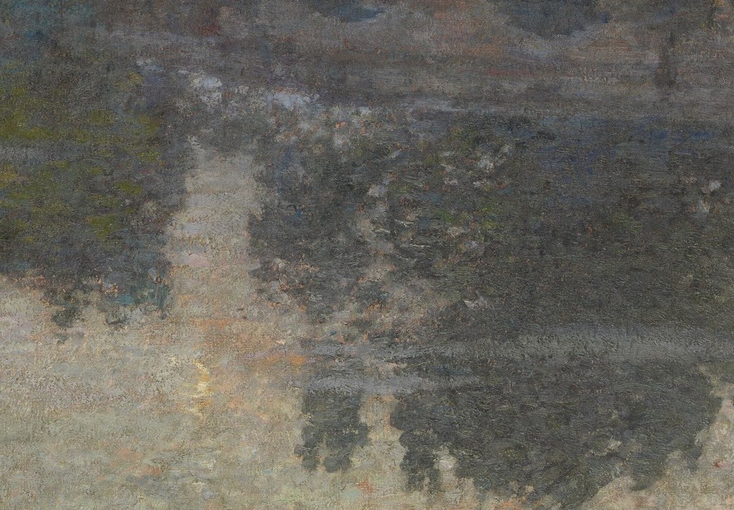A distorted, impressionistic mirror image of the bridge, blurring the line between reality and its watery counterpart.