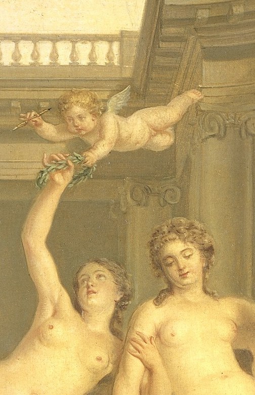 The cherub with a garland symbolizes divine favor.