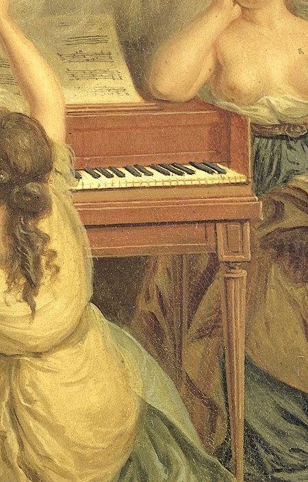 She is crowned, surrounded by muses and instruments.