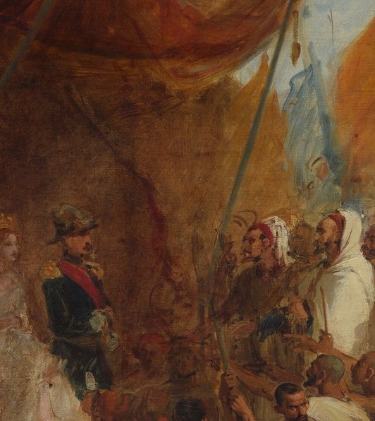 At the far left, an elder in a white turban watches.