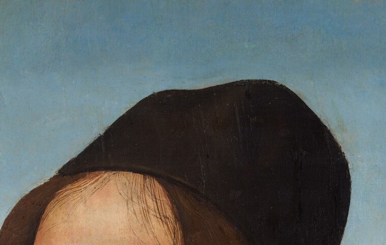 The unadorned black cap signals artistic or intellectual identity rather than noble rank; its horizontal brim bisects the upper painting and frames the face architecturally.
