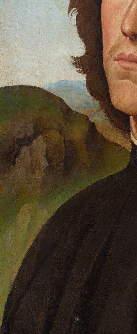 Soft rolling green hills recede in atmospheric perspective, typical of Perugino's Umbrian idiom , the same landscape vocabulary later absorbed by his student Raphael.