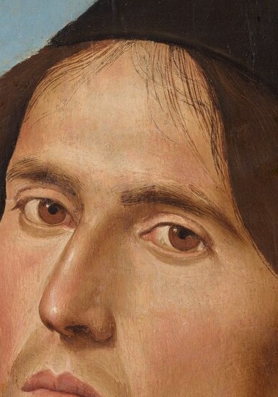Perugino uses a single strong light source from the left to sculpt the face with firm volumetric shadows , technically demonstrating how oil paint on panel could rival carved relief.