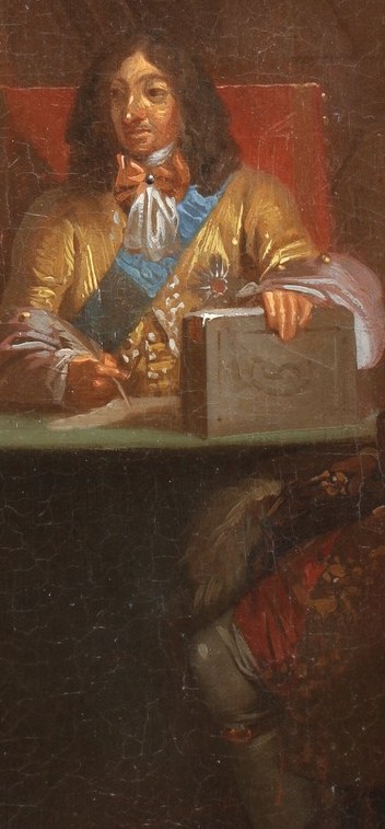 The rich gold fabric of his coat signifies wealth and importance, highlighting his elevated position.