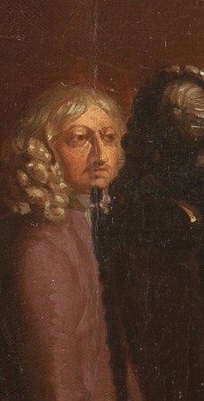 His lighter complexion and wig suggest a person of status, perhaps a minister or dignitary.