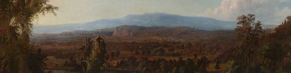 Rendered in cool atmospheric blue-grey, the mountains demonstrate Duncanson's mastery of aerial perspective , distance palpably felt as tone drains from the land.