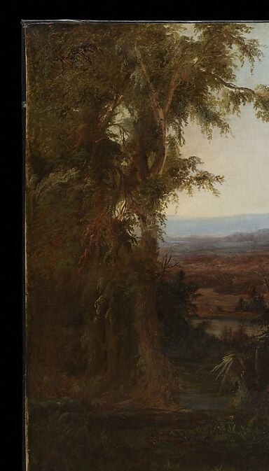 The compositional anchor of the painting; its dark silhouette frames the entire scene and draws the eye inward toward the luminous valley , a classic Hudson River School device.