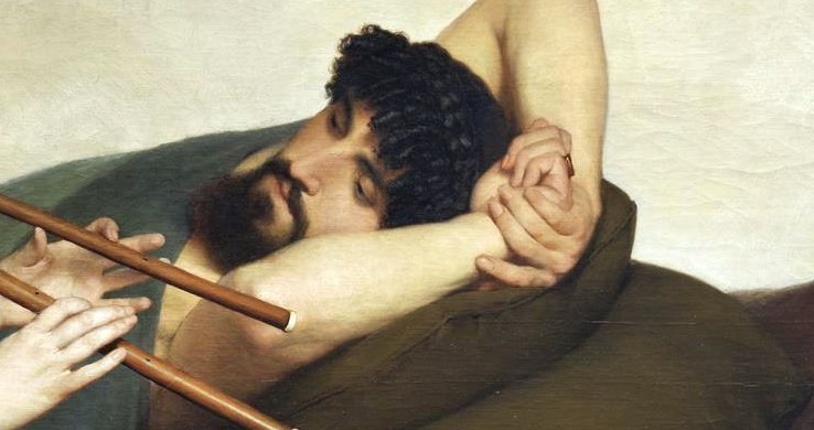 The reclining man rests, perhaps lulled by the sound.