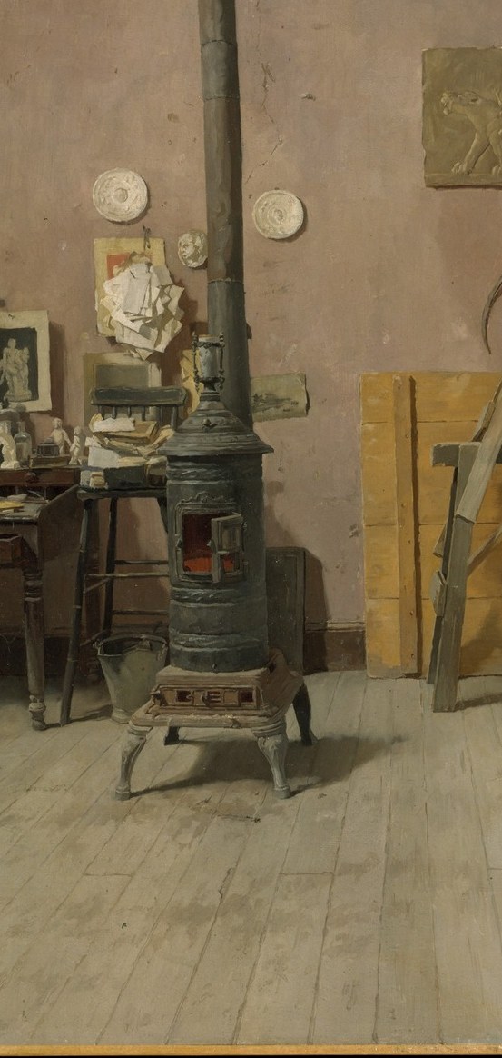 The stove is a solid black void, just brown highlights where the light hits.