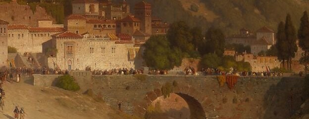 A grand Romanesque bridge that anchors the foreground, its successive arches creating a rhythmic recession into depth and a natural frame for the ravine below