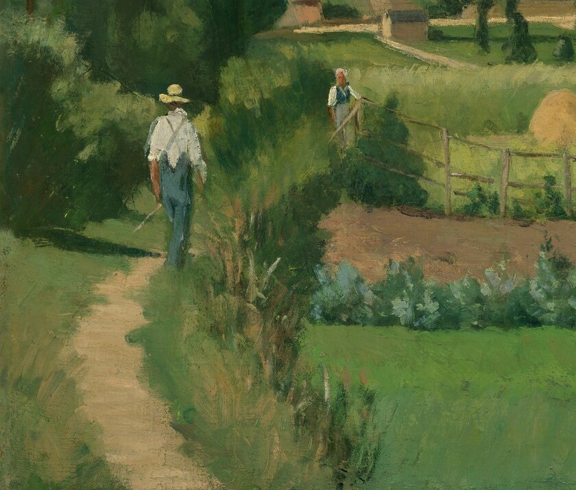 The path functions as the compositional lead-in, pulling the viewer's gaze diagonally into depth , a classic Pissarro device linking foreground to middle distance.