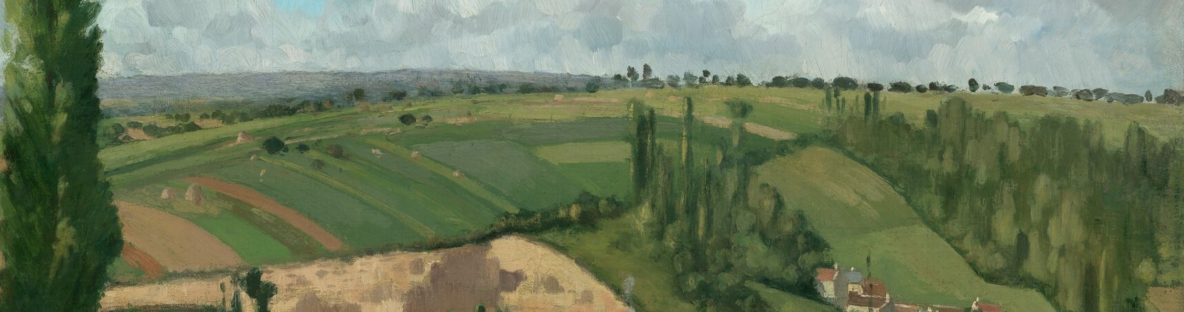The undulating hilltop divides sky from farmland and is divided itself into a patchwork of differently colored field strips , early evidence of Pissarro's interest in agrarian land use.