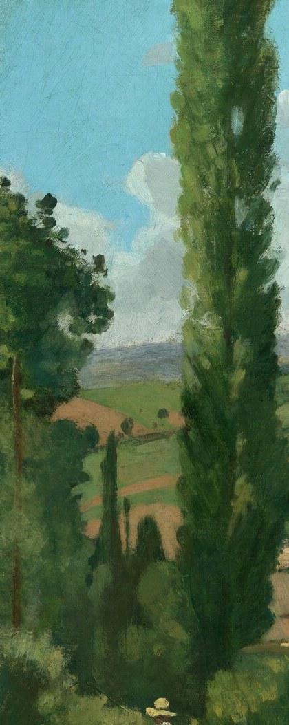 The vertical poplar punctuates the otherwise horizontal sweep of fields and recurs throughout Pissarro's Pontoise work as a signature motif.