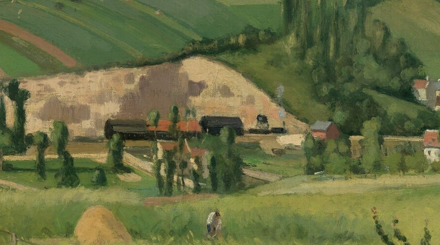 The architectural nucleus of the composition , warm red tiles against white walls anchor the eye mid-canvas and signal a working rural settlement, not a picturesque ruin.
