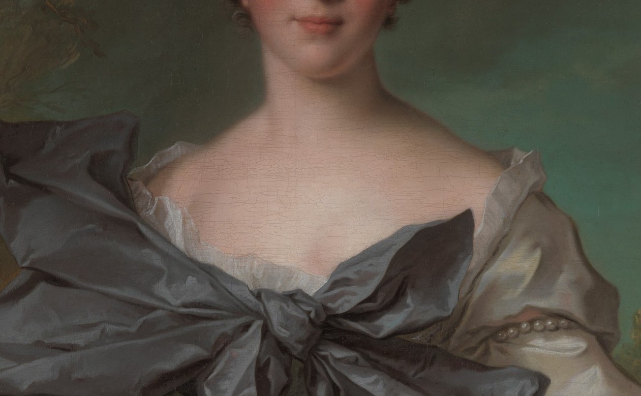 The voluminous silvery-blue drapery is the dominant compositional mass , Nattier's bravura fabric painting technique is showcased here