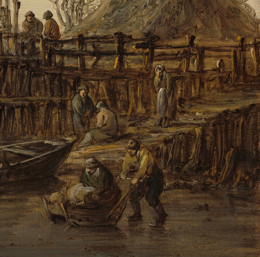 People move across the ice, their daily lives continuing.
