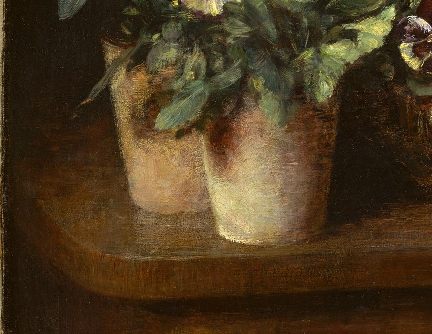 Rough, warm ochre surface contrasts with the delicate petals above; the visible pot rim and the slight impasto on its shoulder show confident, direct brushwork.