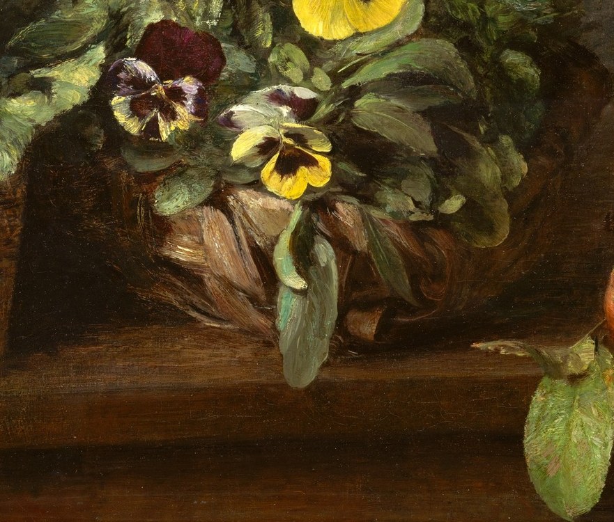 Two overlapping pots rather than one vase is an unusual compositional choice, grounding the work in domestic garden reality rather than formal floristry.