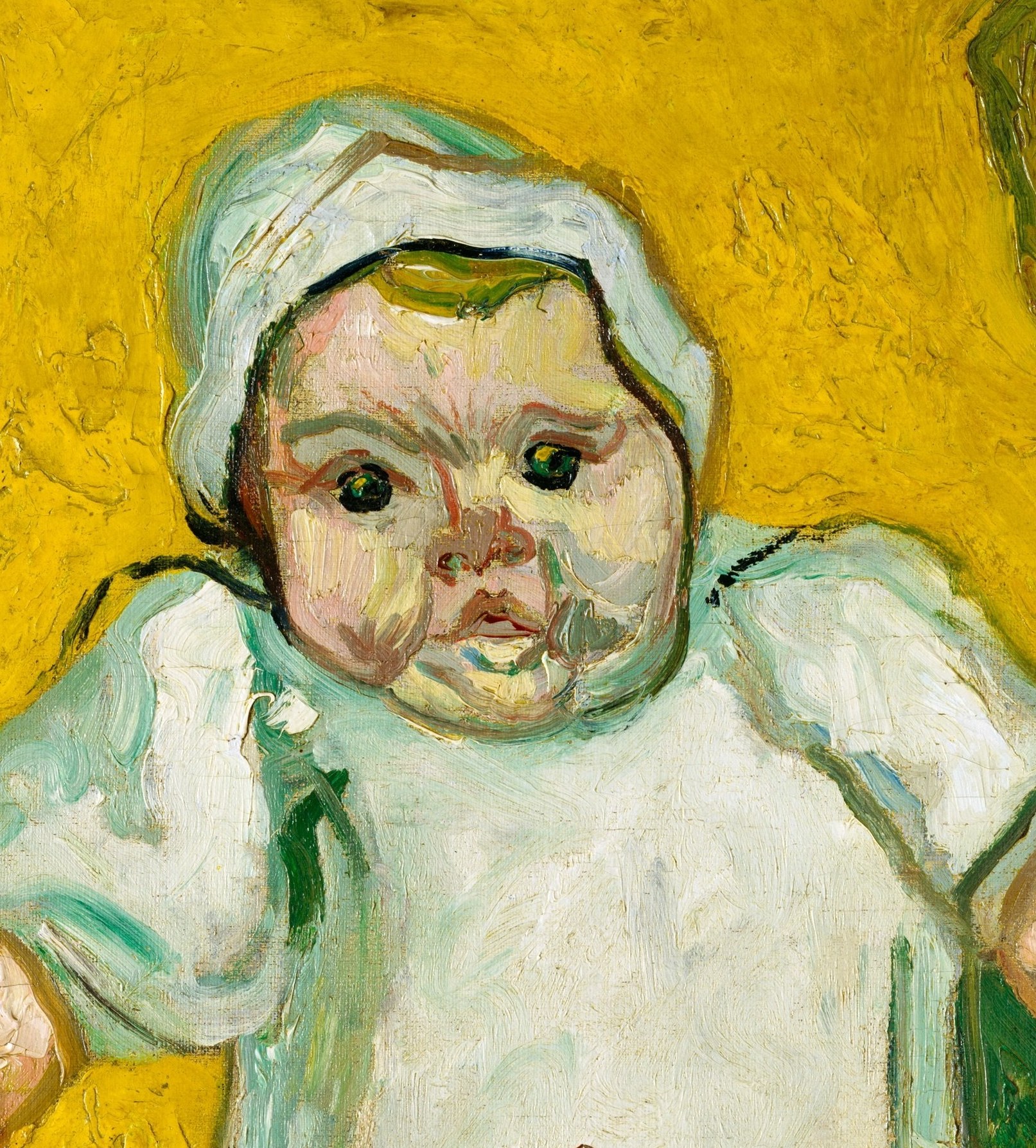 The bright white mass anchors the composition and draws light; Van Gogh uses it as a luminous foil against the golden background.