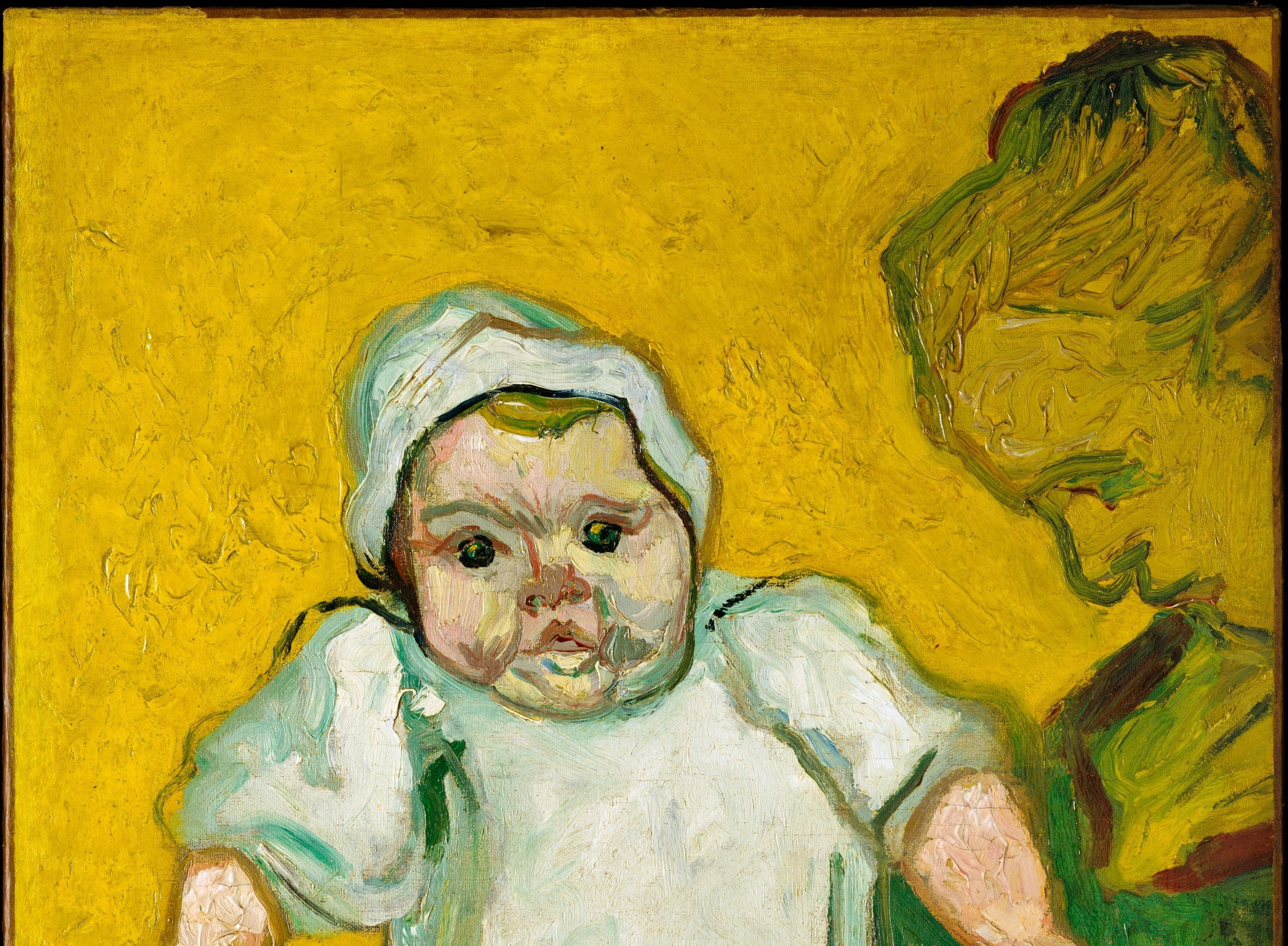 Van Gogh's Japanese woodblock-influenced flat gold ground transforms a domestic portrait into something iconic, almost Byzantine in its frontality.