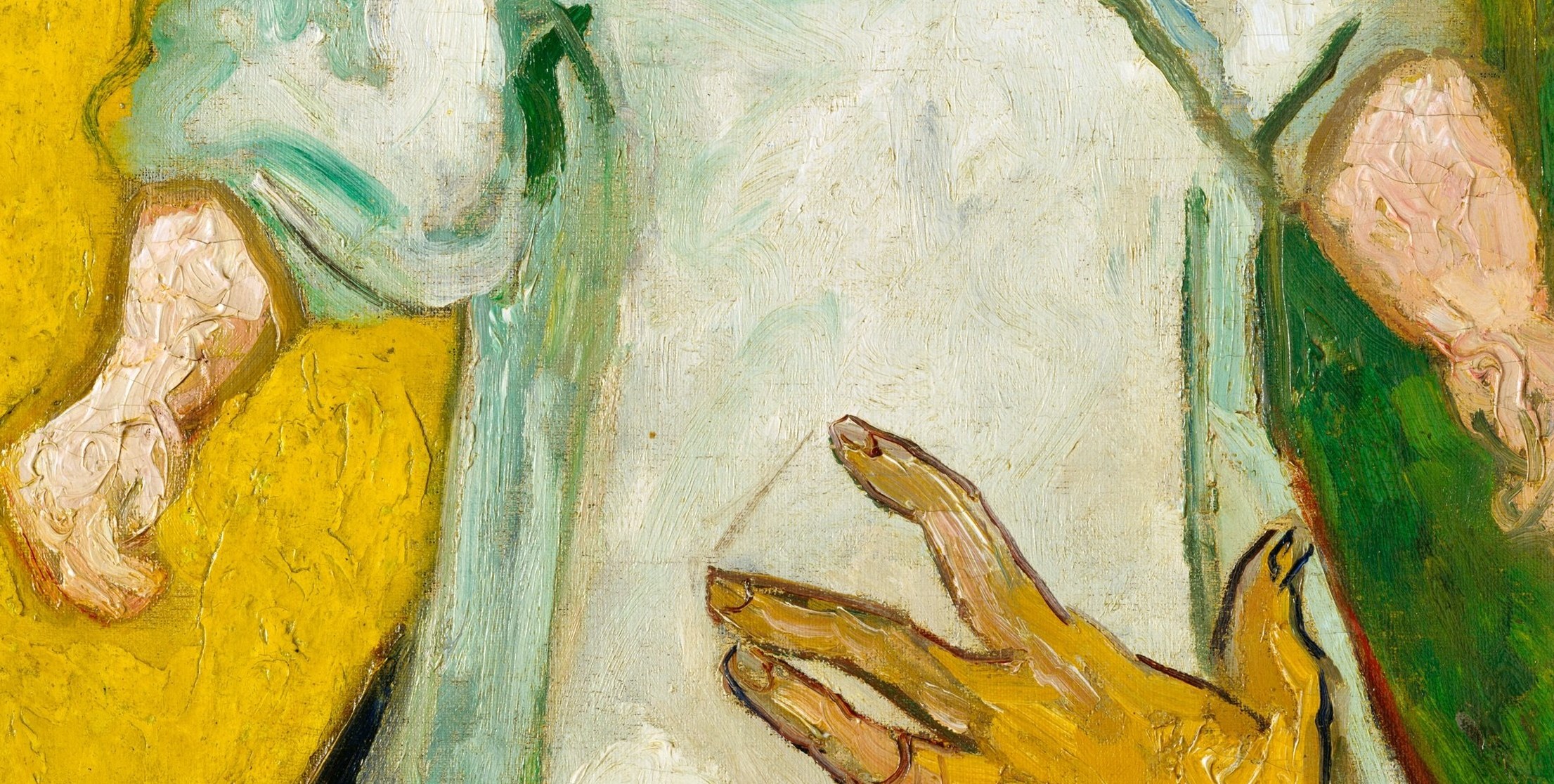 Oversized and flattened, these hands dominate the lower canvas , Van Gogh's deliberate distortion emphasizes maternal grip and working-class strength.