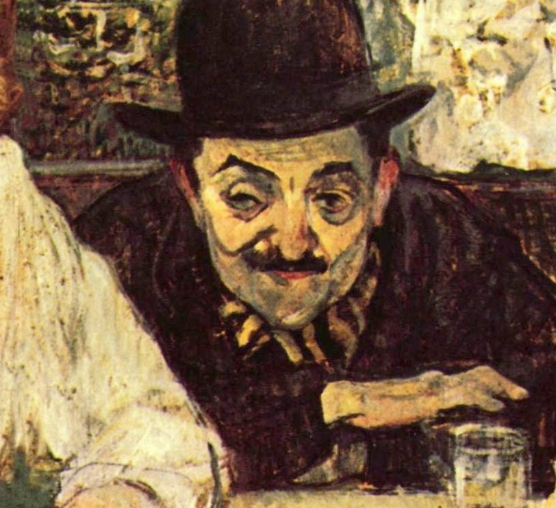 Across from her, the man stares directly, a focal point of unease.