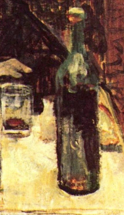 The dark bottle and its reflection hint at the atmosphere of a late-night establishment.