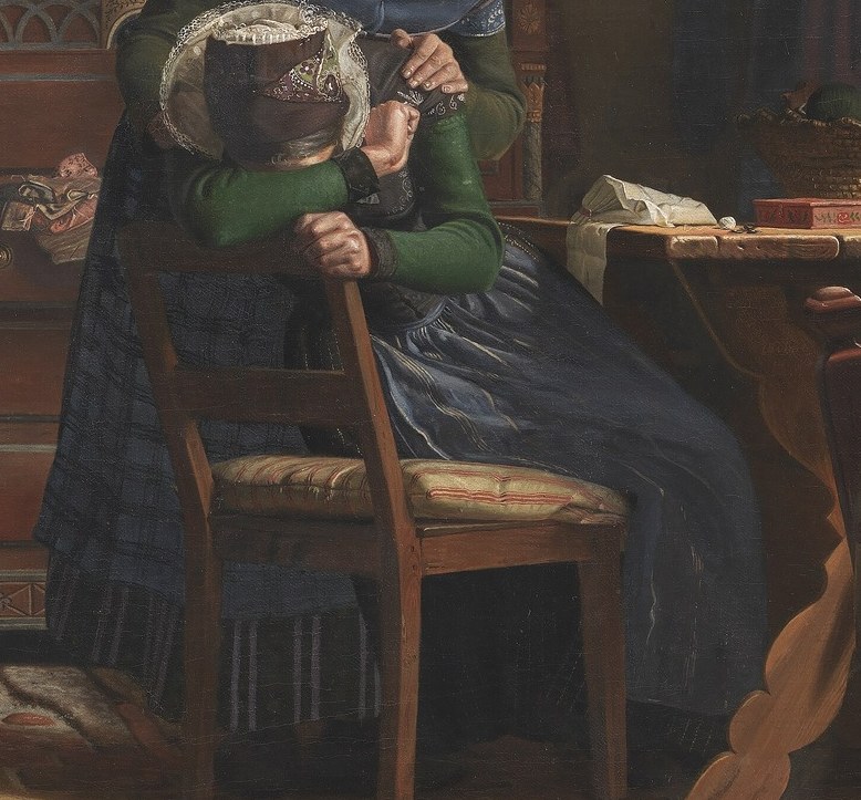 Her posture, hunched and leaning on a cane, emphasizes her weariness and deep sadness.