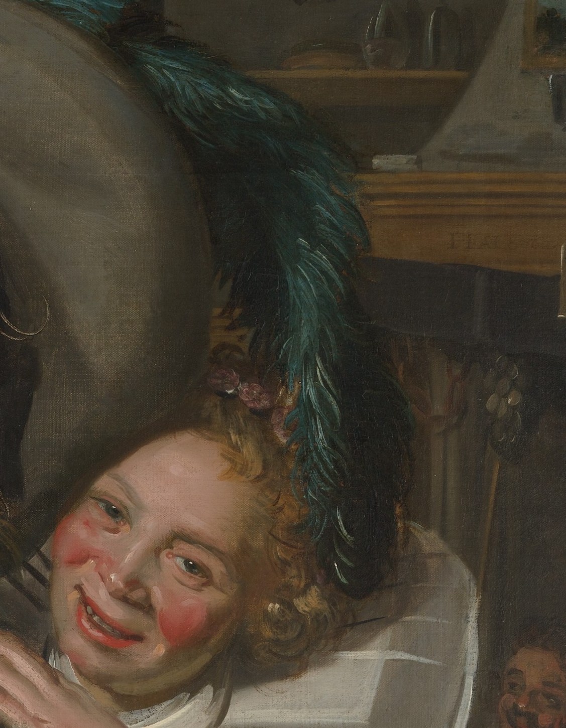 Her knowing, amused expression gives the scene its charged dynamic , she is a participant, not a prop, and her gaze redirects the narrative toward the viewer