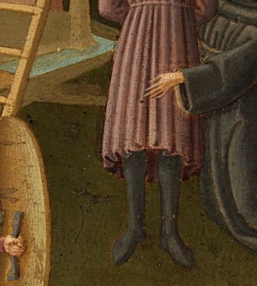The condemned man's posture shows desperation.