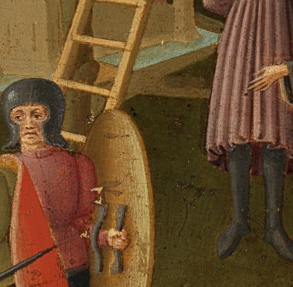 The ladder's placement suggests the execution was in progress, heightening the drama of the saint's timely arrival.