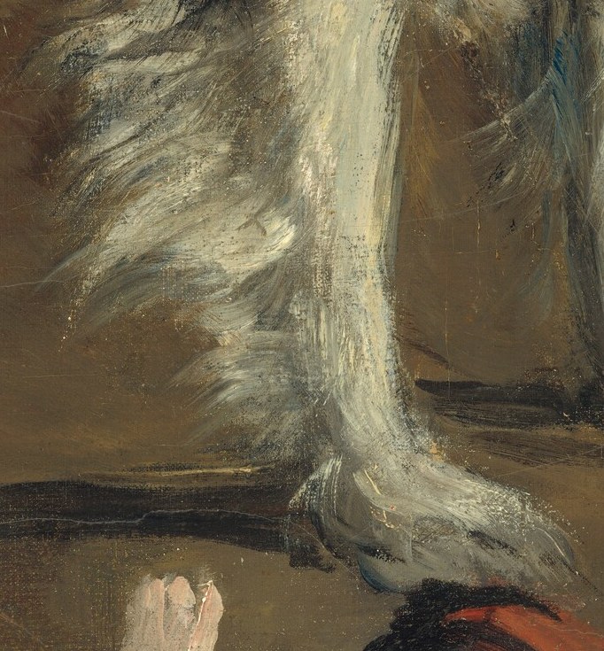 The rendering of the paws on the wooden surface shows the dog's weight and stance, grounding the animal in the scene.