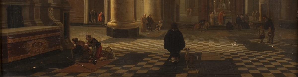 The receding tile grid is Houckgeest's optical engine for depth; its sharp geometry contrasts with the soft organic figures and demonstrates virtuoso perspective draftsmanship.