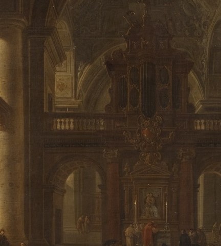 The concentrated light flooding the altar functions as the painting's spiritual vanishing point , a beacon drawing the eye through deep architectural shadow.